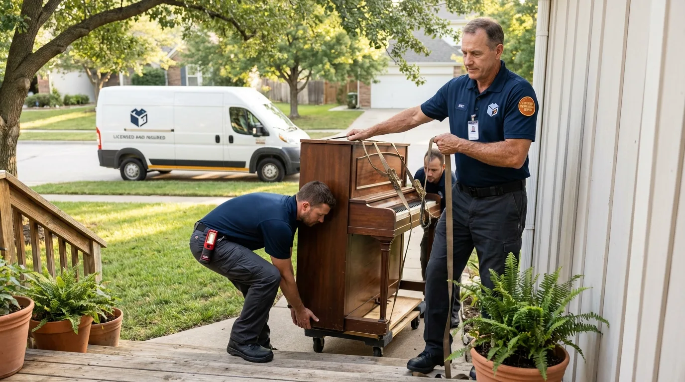 Licensed piano movers securing grand piano in Biloxi, MS